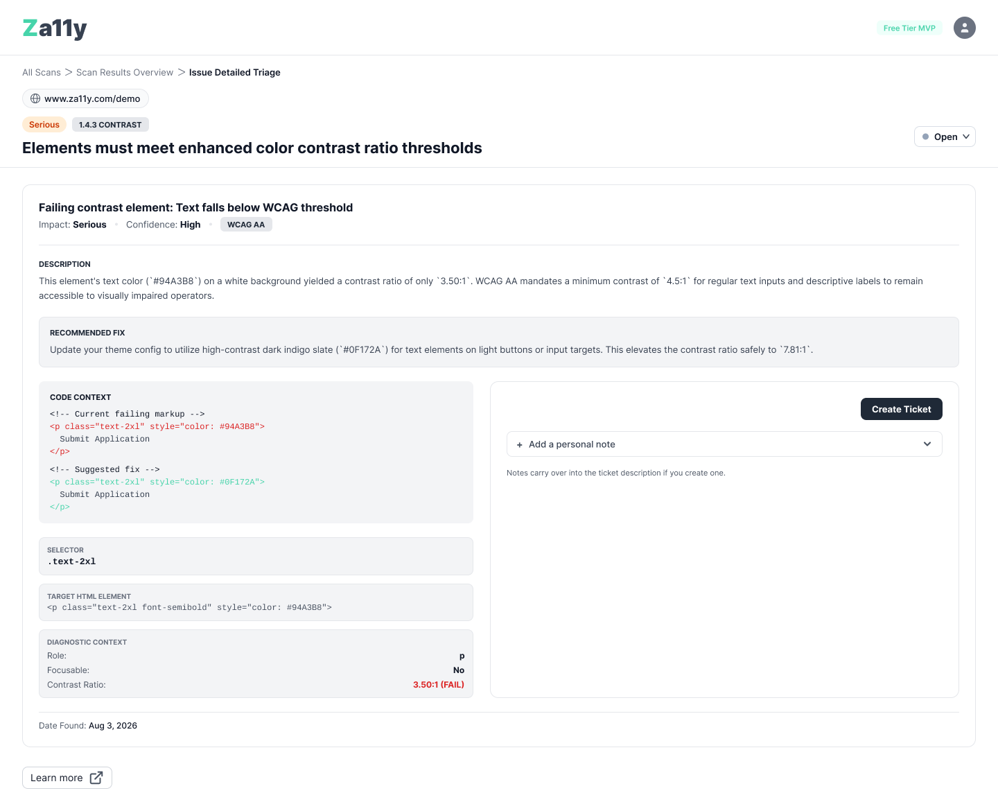 Issue detail page with breadcrumb navigation reading All Scans, Scan Results Overview, Issue Detailed Triage