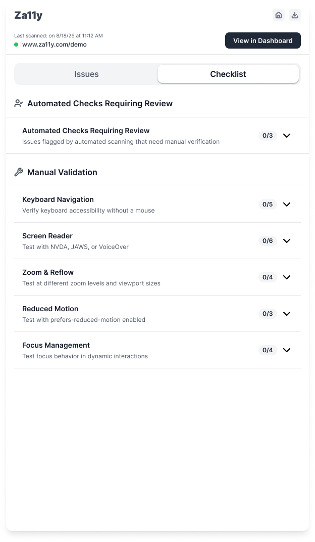 Za11y Chrome extension Checklist tab, also carrying the View in Dashboard button
