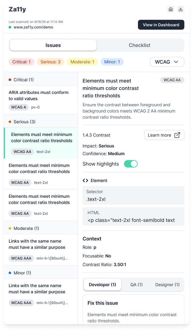 Za11y Chrome extension Issues tab with a View in Dashboard button in the header