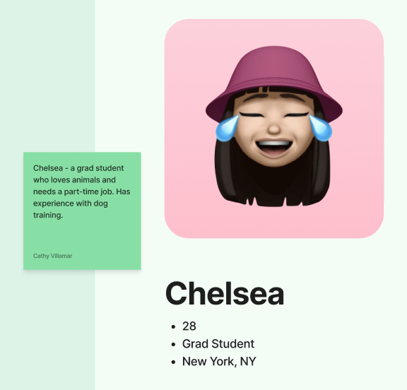 user persona Chelsea loves animals looking for part time job