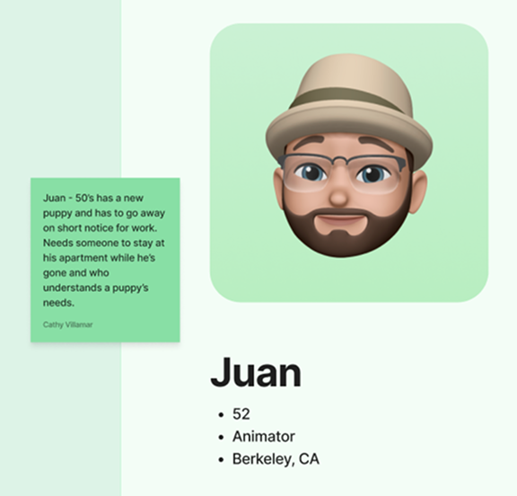 user persona Juan concerned about his dog's specific needs